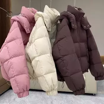 Женское зимнее хлопковое пальто с капюшоном, утолщенное, укороченное, с карманами на молнии, эластичными манжетами, однотонное ветрозащитное женское пуховое пальто M чёрный