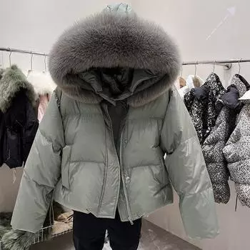 Женское зимнее пальто с большим меховым воротником из лисы, свободный женский пуховик с капюшоном