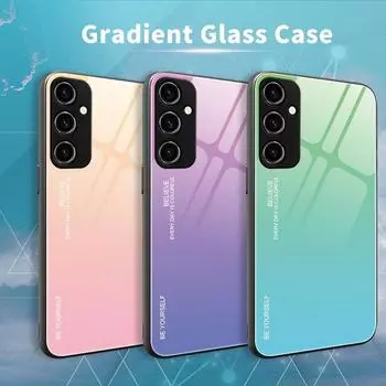 Градиентный закаленный стеклянный жесткий чехол для Samsung S24 FE Galaxy S23 FE S22 Ultra S21 Plus S20 FE A55 A35 A15 A25 A54 A34 A14 A72 A33 A73 5G Galaxy S20 Plus чёрный/синий