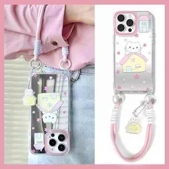 Zhitai Mobile Case for iPhone 12-15: Lanyard, Mirror, Cartoon Design iPhone 16 Pro
