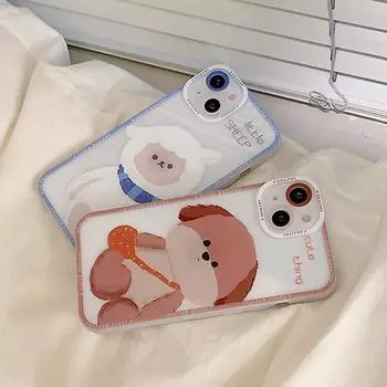 Zhitai Plush Dog Transparent Case for iPhone 15/14 Pro/XR - White Sheep Design, Couples Edition