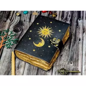 Журнал из кожи Sun Moon, 200 страниц, бумага с неровным краем, винтажный журнал, кожа 7 x 5 in чёрный