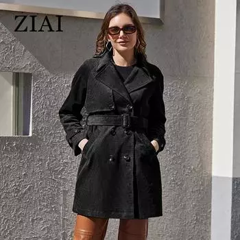 ZIAI 2023 весенне-осенний женский плащ средней длины, простая классическая двубортная женская куртка, ветровка ZS-30014 XS чёрный