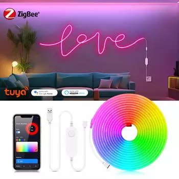 Zigbee 3,0 неоновая RGB светодиодная лента USB 5 В лента с регулируемой яркостью работает с Tuya Smart Gateway Hue Bridge SmartThings Alexa Google 1M