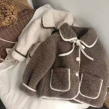 Зимнее пальто для мальчиков и девочек, флисовая куртка, толстая, для младенцев и малышей, теплое пальто, верхняя одежда для малышей, воротник, галстук, одежда для девочек 140cm бежевый