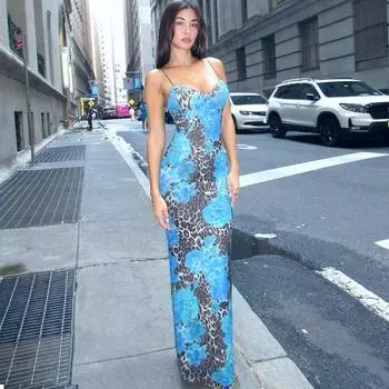 Зимнее женское длинное платье в уличном стиле с тонким принтом и принтом Sense of Halter Dress XS синий