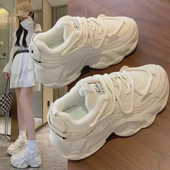 Зимние кроссовки Plus Velvet Dad Shoes 2024 года — женские спортивные кроссовки в корейском стиле, увеличивающие рост, теплые и повседневные (ФБ3306-2) 40 бежевый