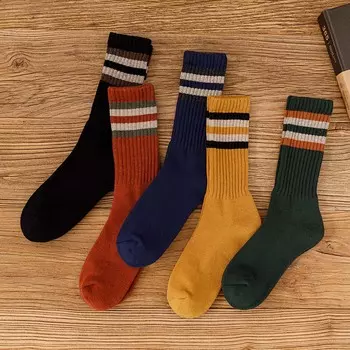 Зимние мужские хлопковые носки-трубы Harajuku Retro толстые теплые полосатые носки больших размеров длинные махровые носки 5 пар EUR SIZE 40-46