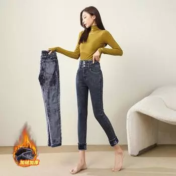 Зимние теплые женские джинсы скинни с высокой талией 25 темно-синий