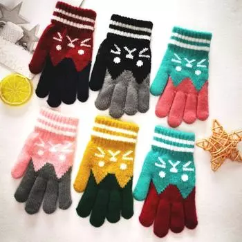 Зимние утолщенные перчатки Plus Velvet Cute Cat из искусственного кашемира, теплые и морозостойкие, для мальчиков и девочек