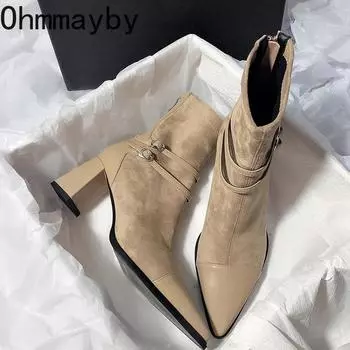 Зимние женские ботильоны, модные, с острым носком, короткие, элегантные, на толстом каблуке, Botas De Mujer 35 абрикосовый