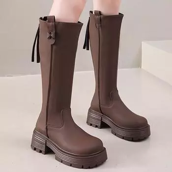 Зимние женские высокие сапоги на платформе из кожи на среднем каблуке, массивные дизайнерские мотоциклетные сапоги, модный тренд, готическая женщина, сапатос 35