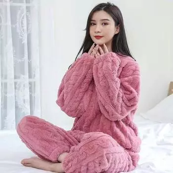Зимний унисекс однотонный жаккардовый фланелевый теплый костюм утолщенный теплый домашний наряд для пары костюмы и комплекты one size чёрный