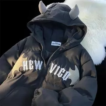 Зимняя новая куртка Devil Retro Casual с капюшоном из теплого хлопка для мужчин и женщин High Street Joker Couple Coat Jacket S