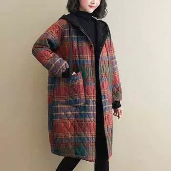 Зимняя женская одежда с капюшоном, куртка-парка, модное клетчатое пальто средней длины, куртка, сохраняющая тепло, свободная, для отдыха S