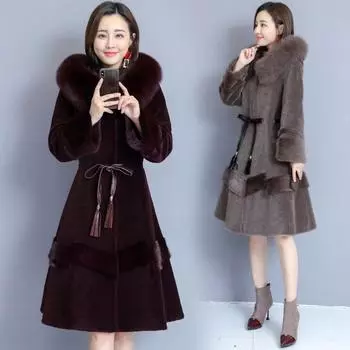 Зимняя женская шуба из овечьей шерсти Haining, тонкая, средней длины, с капюшоном из искусственного меха лисы и искусственной норки XXXXL чёрный