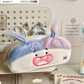 Zipper Pencil Case Holder Large Capacity Soft Plush Pen Bag Afro-Hair Doll Pen Bag Cosmetic Bag style D