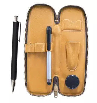 Zipper type compact pencil case metal touch silver bar and extruded rubber shaft brass knock mechanical pencil set black S-ALST-HS301S