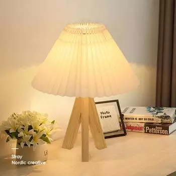 ZK50 LED E27 Источник света не входит в комплект. Настольная лампа из массива дерева для спальни. Декоративное плиссированное ретро-освещение комнаты. Настольная лампа. EU белый