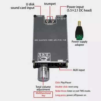 ZK-1001B Моно 100 Вт Аудио Усилитель Мощности Модуль Bluetooth-совместимый 5.1 AUX TPA3116D2 Плата Усилителя DC7V-24V для Домашнего Кинотеатра чёрный