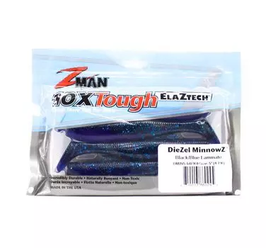 Zman Soft Lure Diezel MinnowZ 5 дюймов, 4 шт. в упаковке, черный, синий ламинат (0245)