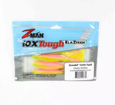 Zman Soft Lure StreakZ Curly TailZ 5 дюймов, 4 шт. в упаковке, электрическая курица (9665)