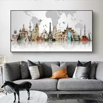 Знаменитые здания, туристические достопримечательности мира, карта, холст, живопись, постеры и принты, настенная художественная картина для декора гостиной, Куадрос 21*30cm