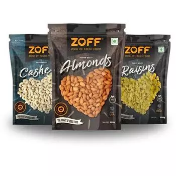 Zoff Premium Mixed Dry Fruits Combo: Миндаль, кешью и изюм - по 250 г каждый | Идеальные подарки и наборы на Дивали и другие праздники | Вес нетто 750 г