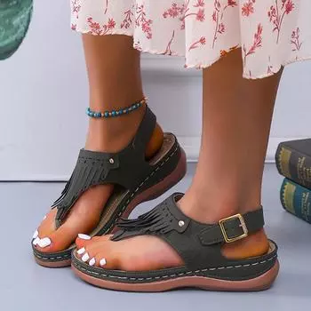 ZOKI 2024 Summer Wedges Clip Toe Sandals Women Fashion Fringe Rome Sandalias Mujer Back Strap Thick Bottom Non-slip Beach Shoes 35 чёрный