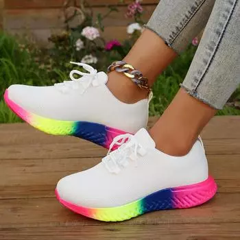 ZOKI Rainbow Bottom Women s Platform Sneakers 2024 Autumn Breathable Knitted Casual Shoes Woman Non-Slip Soft Sole Sports Shoes 36 жёлтый