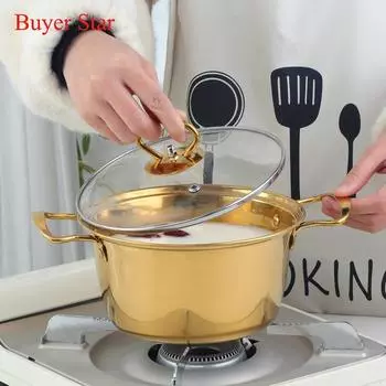 Золотая кастрюля для супа 18 см, кастрюли из нержавеющей стали с крышкой, металлический горшок, кухонные инструменты, бытовая посуда для индукционной плиты, газовая плита 1L