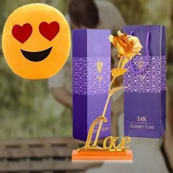 Золотая роза с подставкой Love и сумкой для переноски с подушкой-смайликом