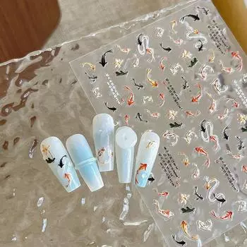 Золотая рыбка и журавль наклейки для ногтей рельефные самоклеящиеся подвески для ногтей наклейки для ногтей китайский стиль своими руками стереоскопический A2