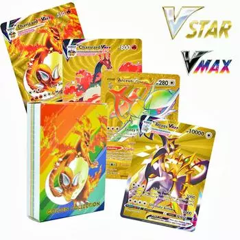 Золотой набор карт Pokemon, черный Vmax Vstar GX Box, серебристый набор Чаризардов, набор букв, немецкий, корейский, французский, испанский, коллекционные карты Пикачу