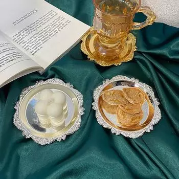 Золотой, серебряный круглый металлический поднос, фруктовый торт, десертные подносы, подставки, винтажный резной поднос, тарелка для хранения 25cm золотой
