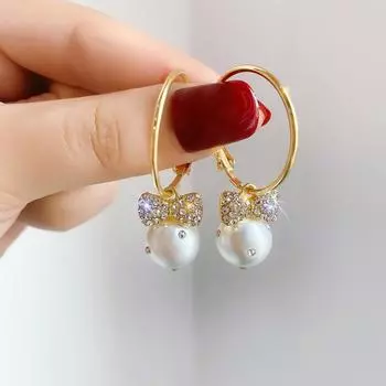Золотые круглые серьги для женщин, серьги-подвески с блестящим бантом и жемчугом, новинка 2022 года, модные роскошные женские украшения для свадебной вечеринки и вечеринки золотой