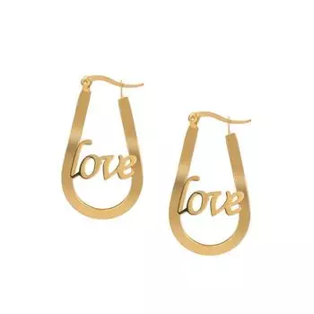 Золотые серьги большого круга изогнутой формы из титановой стали Love