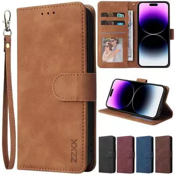 Кожаный чехол-кошелек ZZXX для iPhone 15 Pro Max 14 13 Mini 12 11 XS XR X SE 2022 8 7 6 6s Plus с откидной крышкой и слотом для карт iPhone 15 чёрный