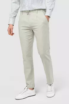 Брюки прямые бежевые из хлопка и льна на шнуровке