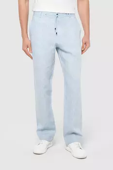 Брюки прямые светло-голубые изо льна на шнуровке