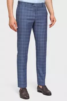 Брюки прямые светло-синие в клетку из шерсти, устойчивой к сминанию