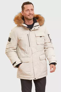 Пуховик зимний удлиненный с отделкой из натурального меха и водоотталкивающей обработкой