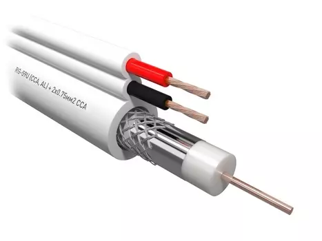 Кабель коаксиальный RG-59U, 75 Ом (CCA, AL) + 2x0.75 мм2 CCA, белый, 1 м