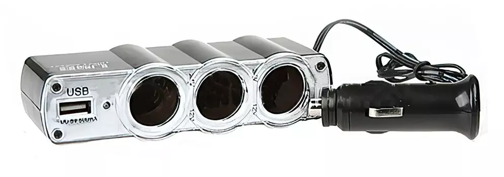 Разветвитель прикуривателя на 3 устройства с USB (1000mAh)