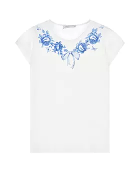 Белая футболка с синим цветочным принтом Monnalisa