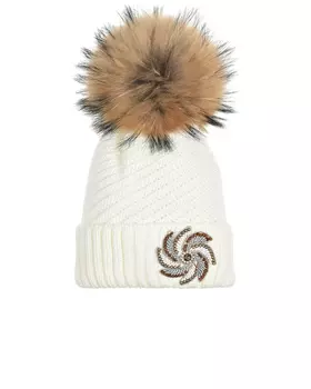 Белая шапка с меховым помпоном и вышивкой бисером Joli Bebe детская