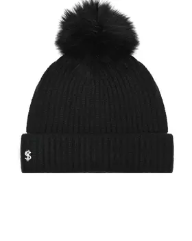 Черная шапка с меховым помпоном Yves Salomon