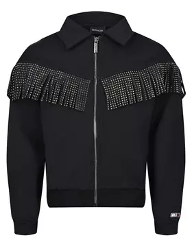 Черная спортивная куртка с бахромой из стразов Monnalisa детская