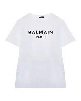 Футболка с черным лого, белая Balmain