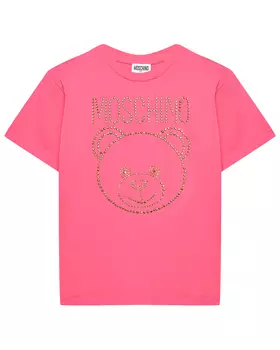 Футболка с лого из золотых заклепок, фуксия Moschino